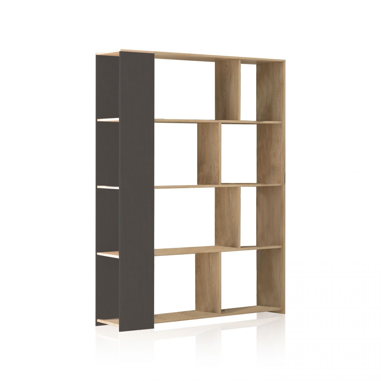 Estante de madeira com divisórias e painel lateral cinzento