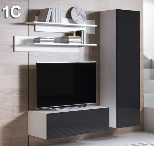 Conjunto de móveis para sala com estantes brancas e portas pretas, duas prateleiras e decoração, parede clara.