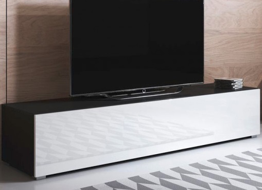 Móvel de televisão preto com porta branca brilhante e televisão em cima