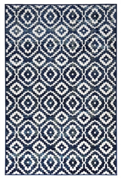 Tapete azul e branco com padrão geométrico de losangos e quadrados