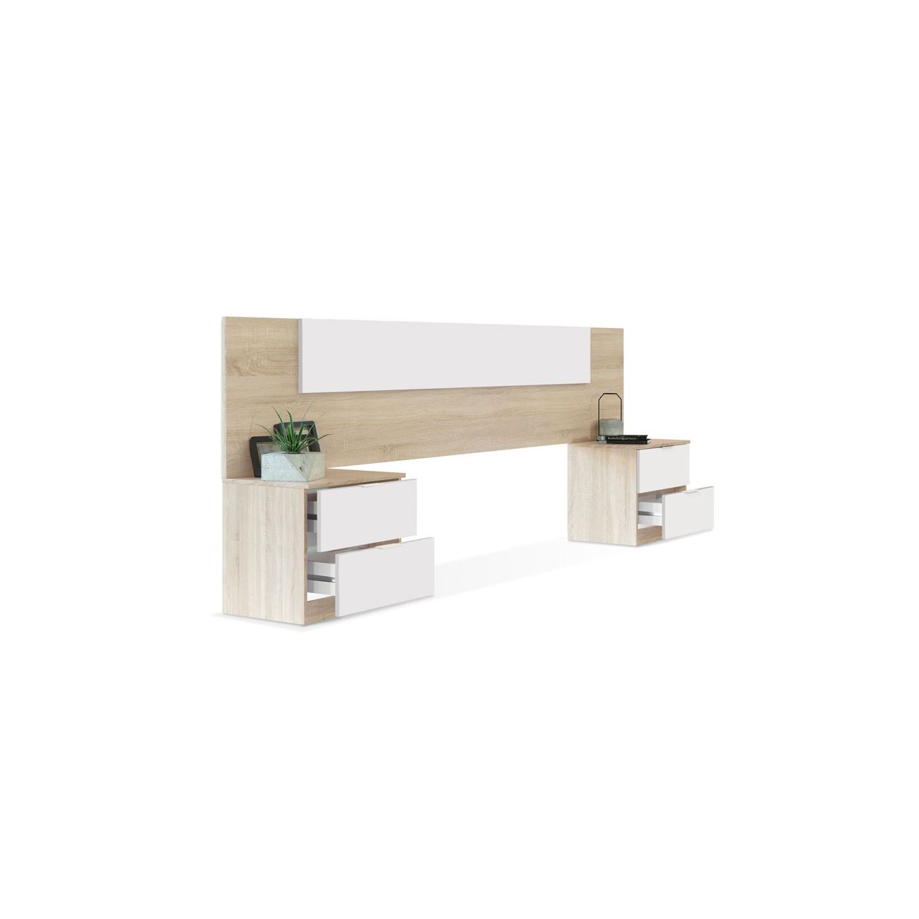 Conjunto de móveis de quarto em madeira clara e branca com painel e duas mesas de cabeceira