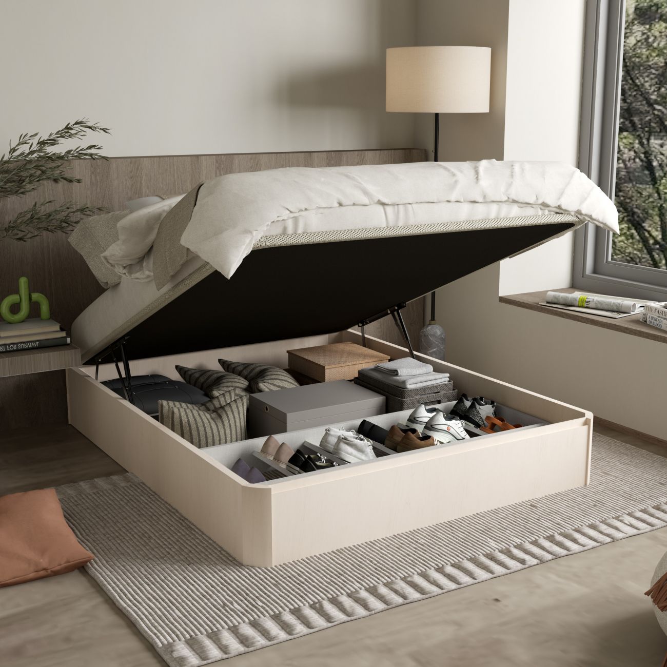 Cama de arrumação bege com colchão levantado e caixas organizadoras interiores