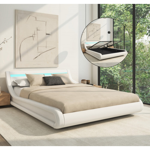 Cama branca moderna com roupa de cama bege e cabeceira com luz azul numa sala iluminada