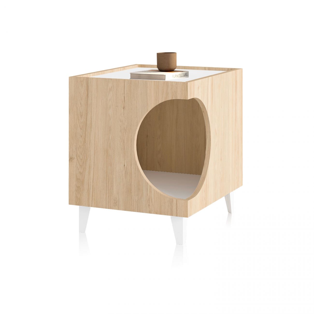 Móvel cúbico de madeira clara com perna branca e abertura oval