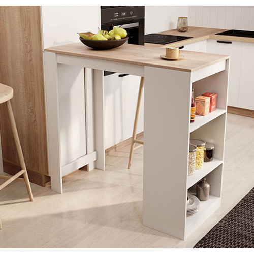 Mesa de cozinha ilha com tampa de madeira clara e estrutura branca com prateleiras integradas