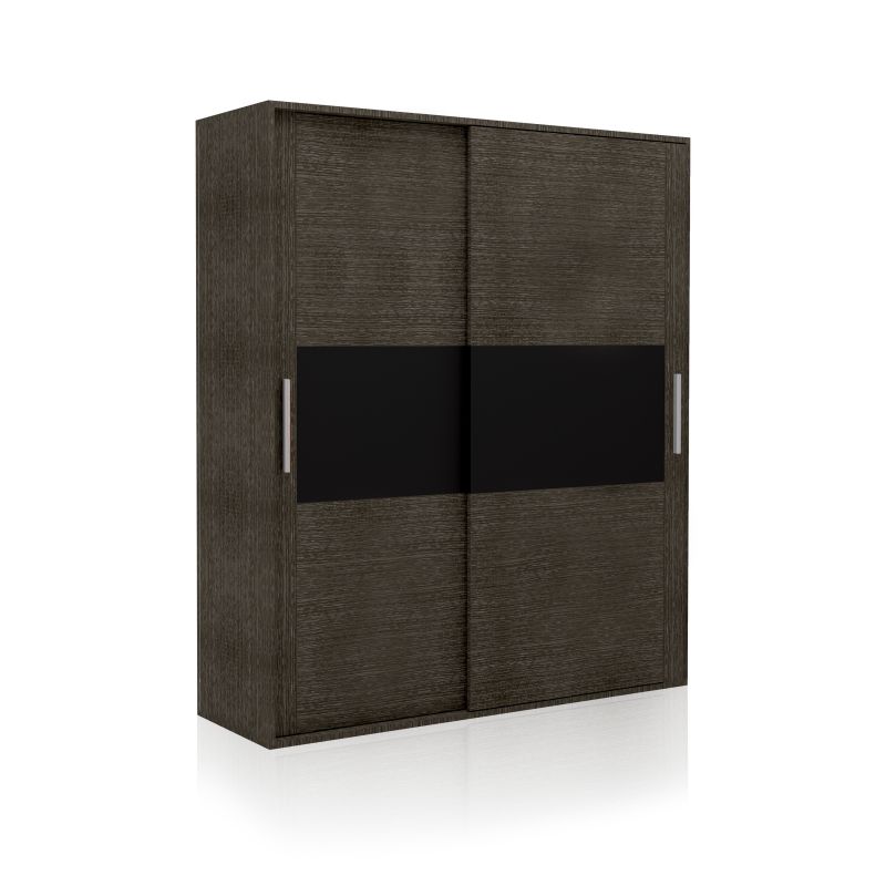 Guarda-roupa de dois portas deslizantes em madeira escura com faixa preta