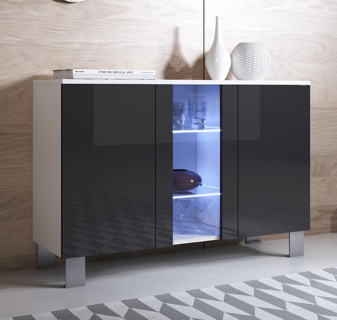 Aparador branco com portas pretas e secção central em vidro iluminada a azul