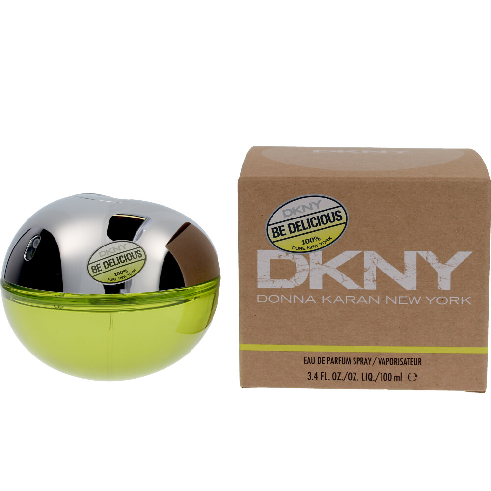 Frasco verde e prata do perfume DKNY Be Delicious ao lado da caixa castanha com texto branco e amarelo