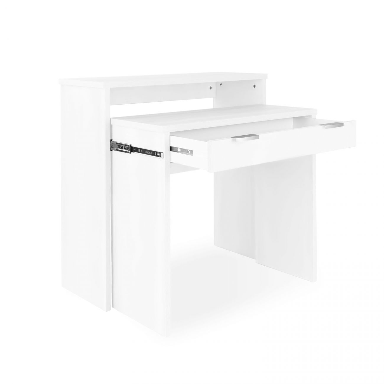 Secretária branca em madeira com gaveta aberta e tampo superior