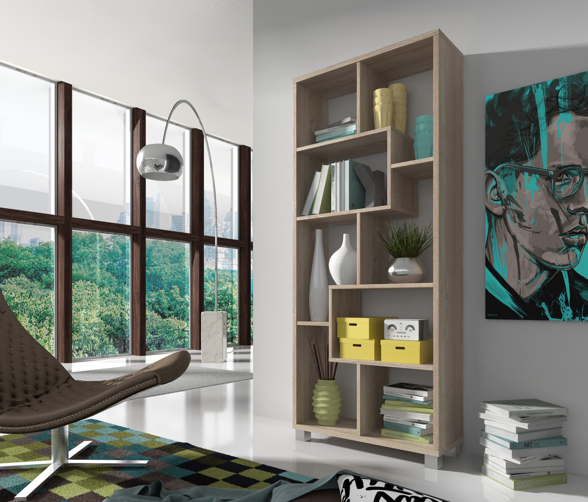 Estante modular em madeira clara com decoração variada numa sala moderna com cadeira e janelas amplas