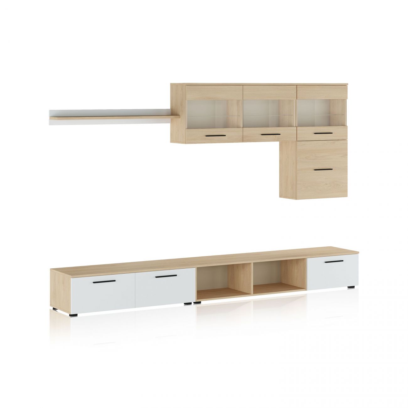 Conjunto de mobiliário moderno com armário suspenso em madeira clara e base baixa branca