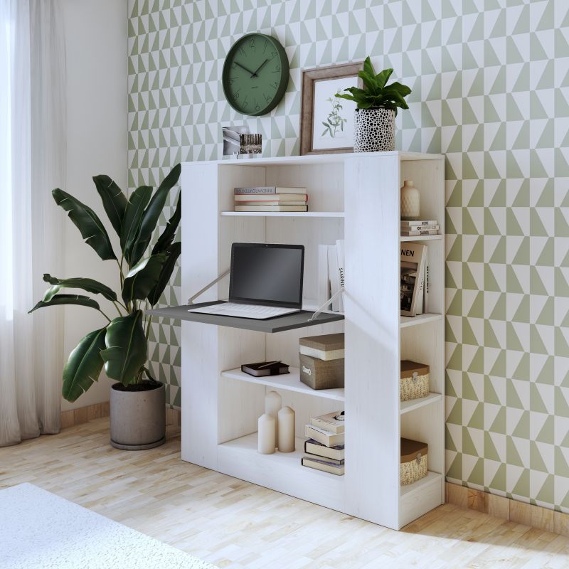 Móvel branco com computador portátil, livros e plantas, parede com papel de parede geométrico verde