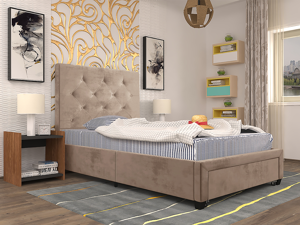 Quarto com cama estofada bege e decoração moderna