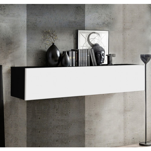 Aparador flutuante preto e branco com decoração de vasos, livros, escultura de Buda e quadro geométrico