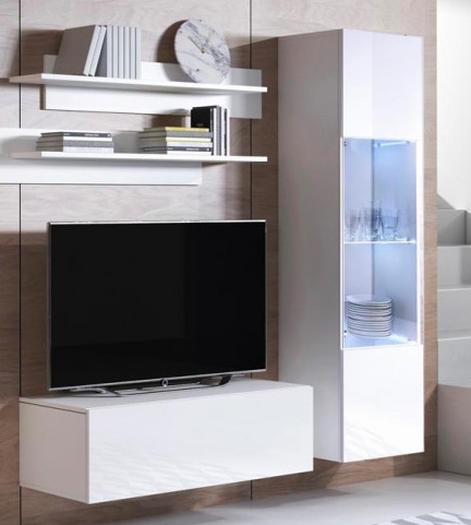 Conjunto de móveis de sala de estar branco com televisão e armário iluminado