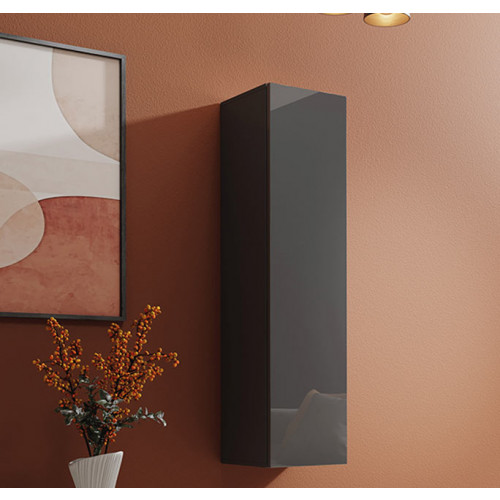 Armário suspenso cinza escuro com acabamento brilhante numa parede laranja, junto a um quadro e vaso com flores