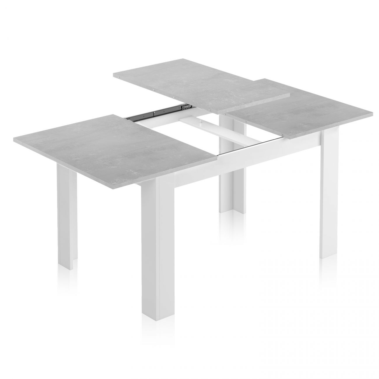 Mesa extensível cinzenta com pernas brancas