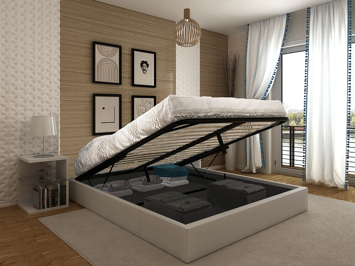 Cama com arrumação interior aberta, quartos decorados com arte nas paredes e janela com cortinas