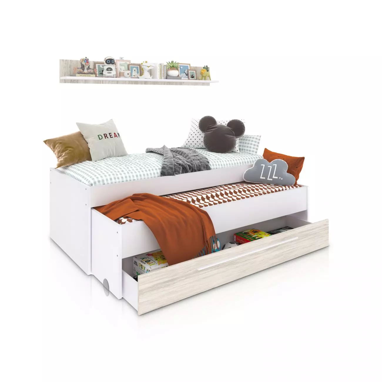 Cama dupla branca com gaveta de arrumação e roupa de cama com padrões e almofadas decorativas