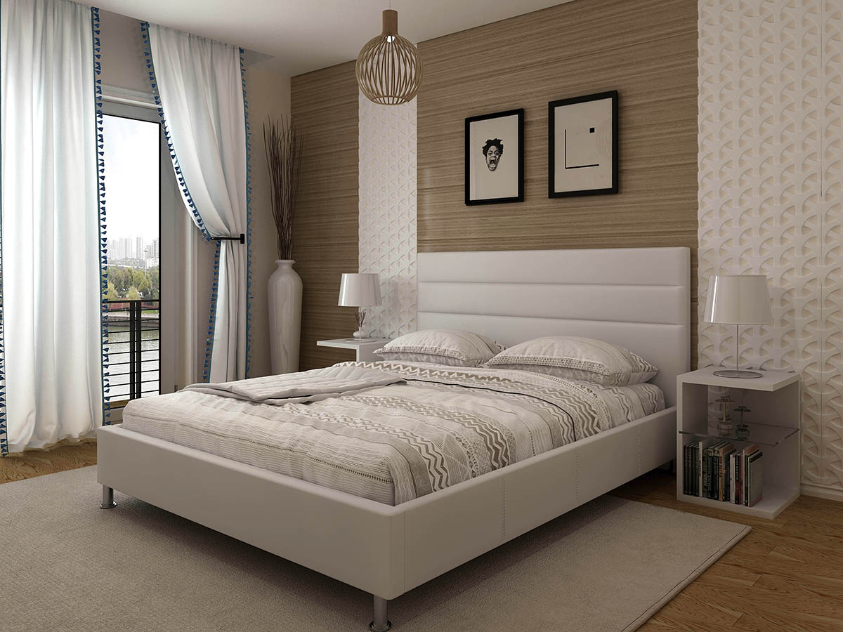 Cama de Casal Confort com estrado incluído - Disponível em 2 medidas e 2 cores Quarto moderno com cama de casal branca e decoração minimalista