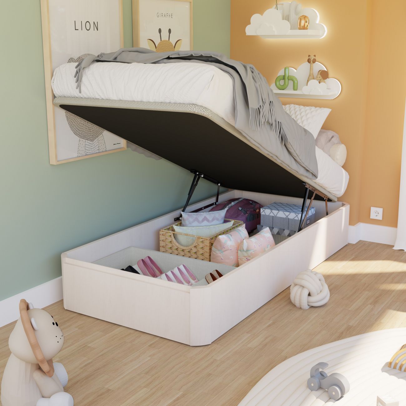 Cama individual branca com arrumação elevada num quarto infantil colorido