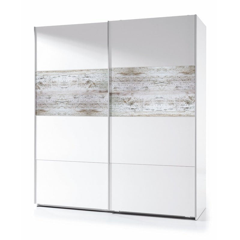 Roupeiro branco com portas de correr e detalhe de madeira envelhecida