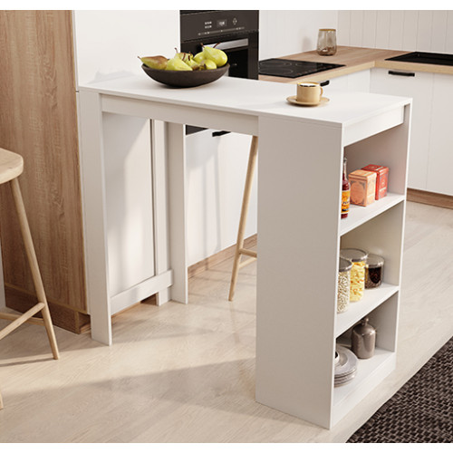 Mesa dobrável branca com prateleiras numa cozinha moderna com frutas e utensílios organizados