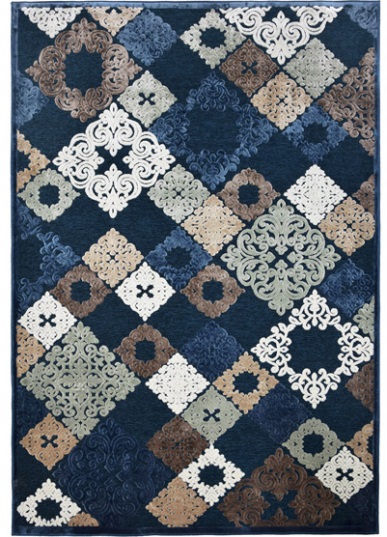 Tapete com padrão de quadrados coloridos em azul, bege, castanho, cinza e branco com texturas e ornamentos florais e geométricos