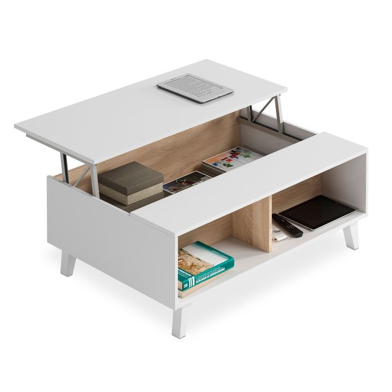 Mesa de centro branca com tampo elevatório e compartimento interno com livros e objetos
