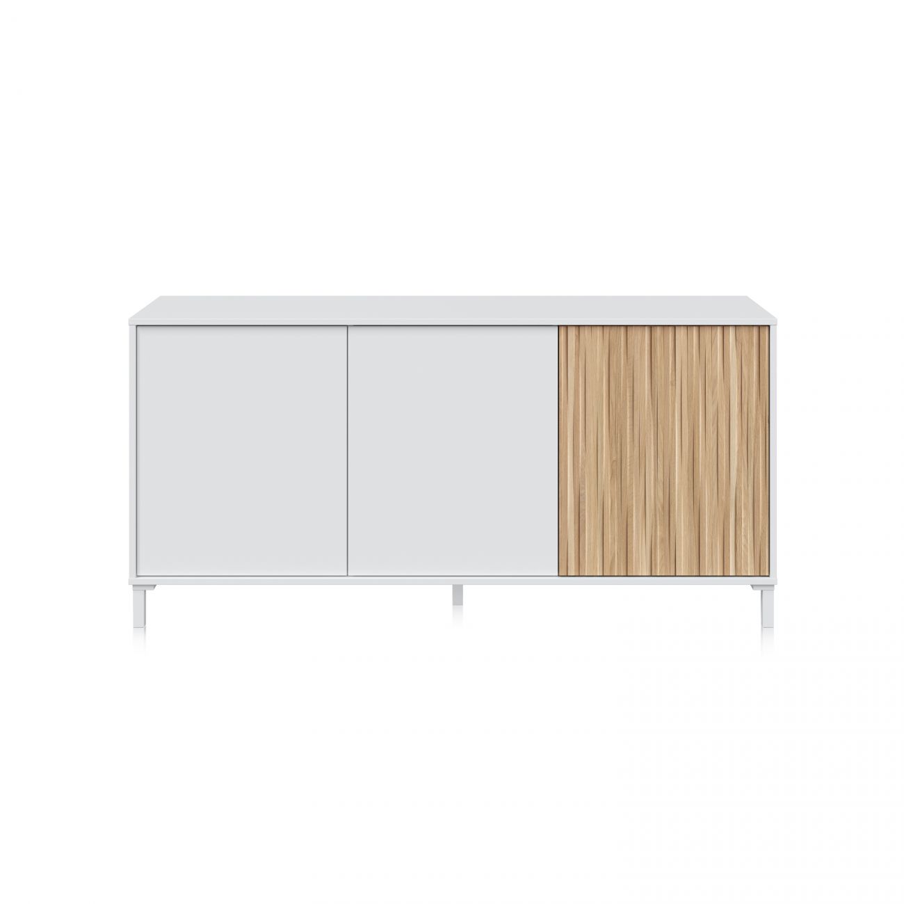Aparador branco com porta de madeira clara e pernas metálicas