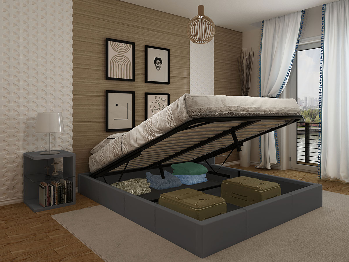 Cama cinza com espaço de arrumação aberto e decoração de quarto moderna