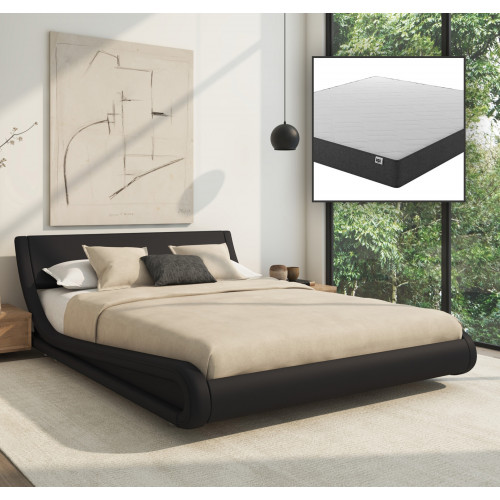 cama de casal com roupa bege e cabeceira preta em quarto moderno com janela para natureza