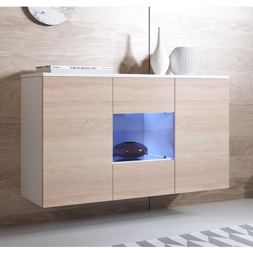 Armário suspenso moderno em madeira clara com iluminação azul