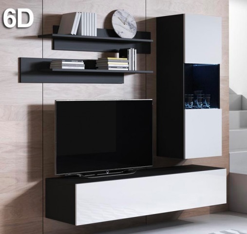 Conjunto de móveis para sala de estar em preto e branco com TV e prateleiras de parede
