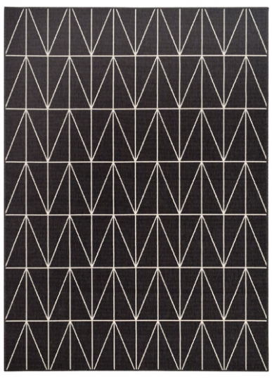 Tapete preto com padrão geométrico branco em linhas triangulares