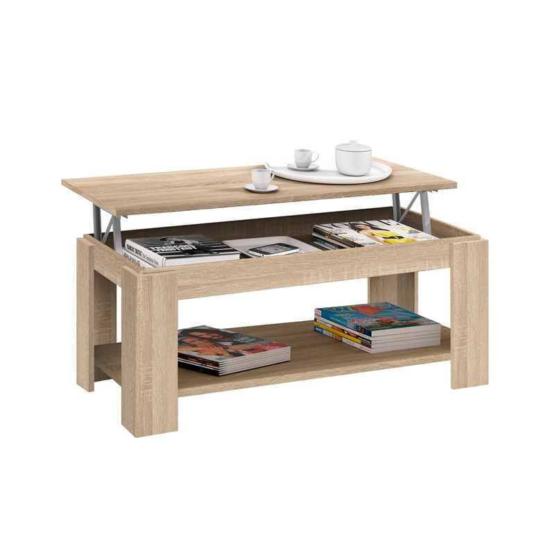 Mesa de centro em madeira carvalho com tampo elevatório e prateleiras com revistas