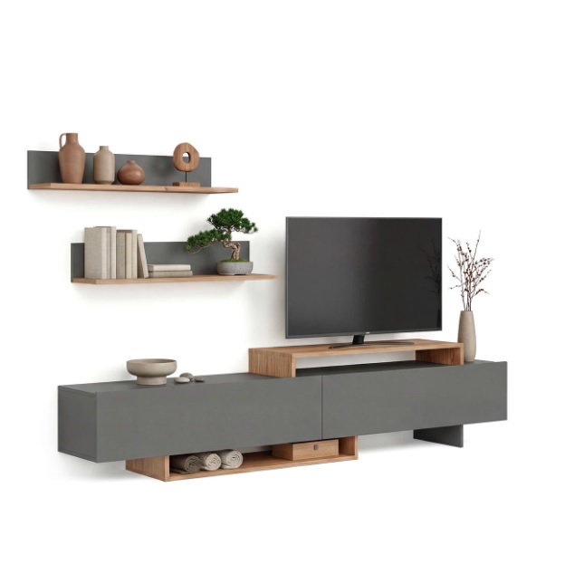 móvel de sala moderno com prateleiras flutuantes cinza e madeira, televisão e objetos decorativos