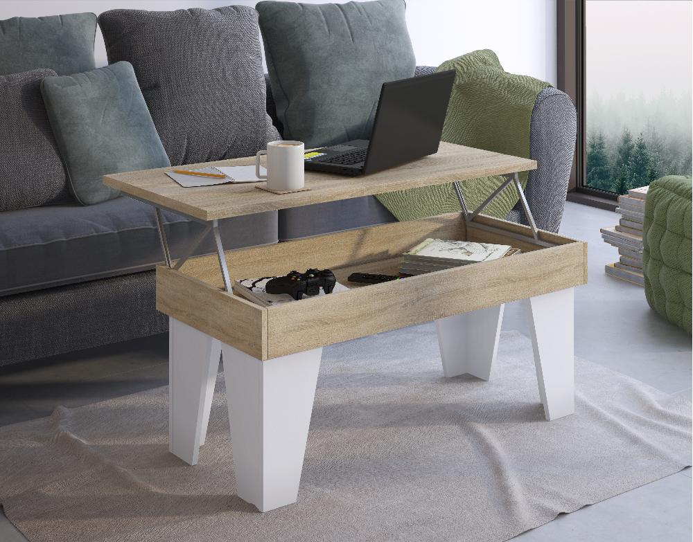 Mesa de centro de madeira clara e branca com tampo elevatório e espaço de arrumação numa sala com sofá cinzento.