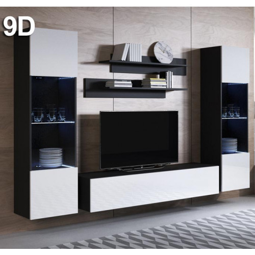 Móvel de sala modular preto e branco com televisão e decoração