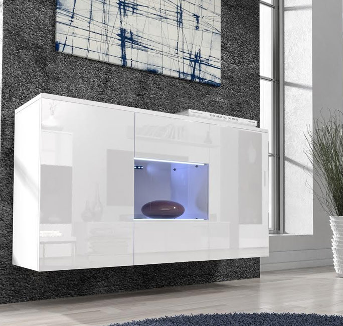 Móvel suspenso branco brilhante com zona central iluminada azul