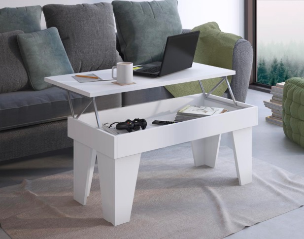 Mesa de centro branca com tampo elevatório e objetos em sala de estar moderna