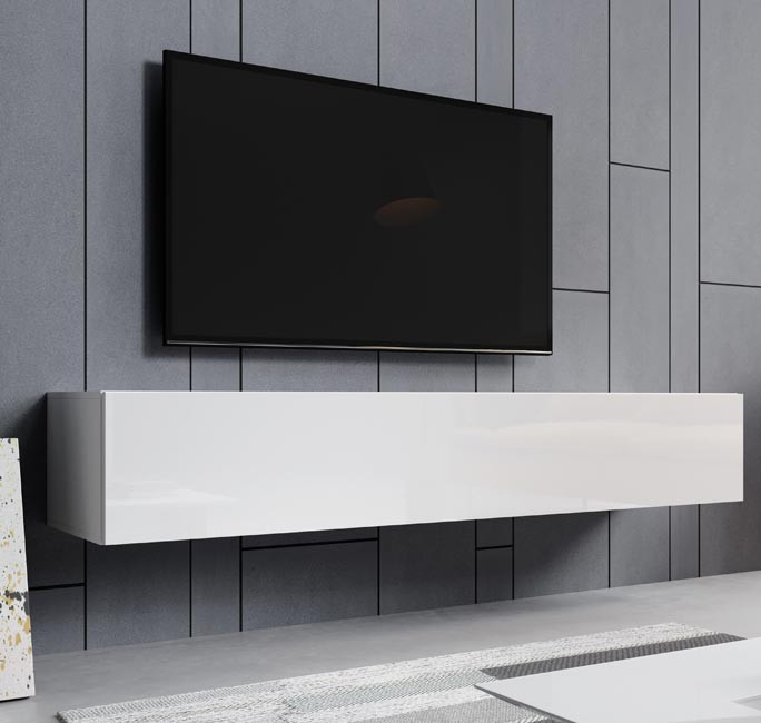 Móvel branco suspenso com televisão preta numa sala moderna.
