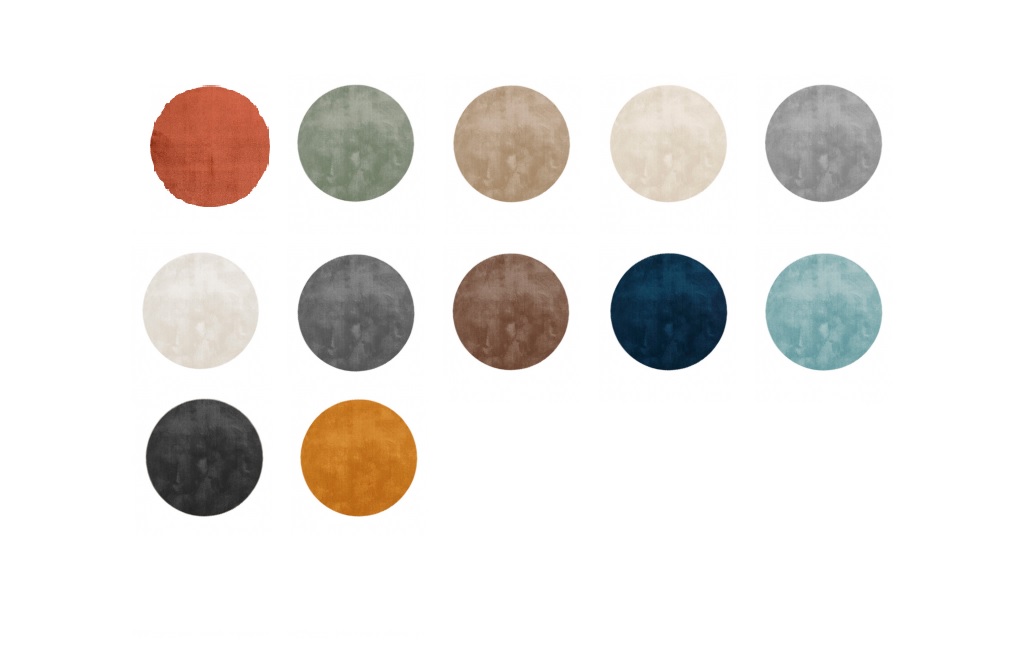 Doze círculos coloridos sólidos com textura aveludada em várias cores.