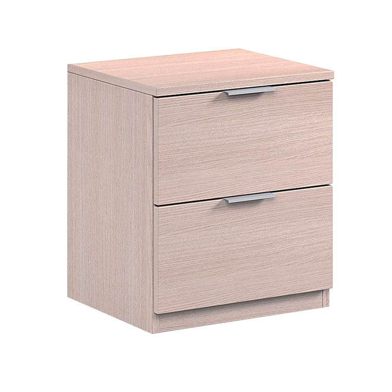 Cômoda pequena de madeira clara com dois gavetões e puxadores metálicos
