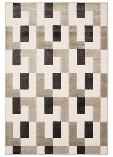 Tapete rectangular com padrão geométrico em tons de cinza, bege e preto