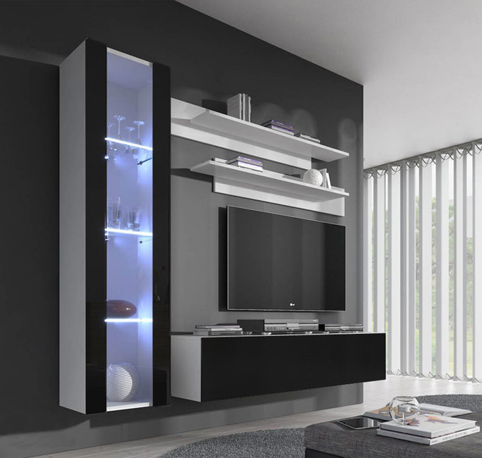 Móvel de sala moderno com armário envidraçado iluminado, prateleiras e televisão