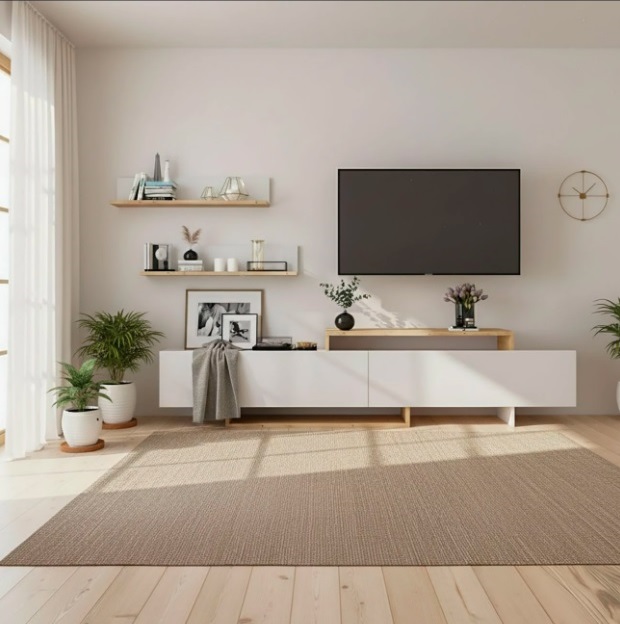 Sala de estar moderna com móvel de televisão branco, televisão preta na parede, prateleiras decorativas, tapete bege e plantas em vasos.