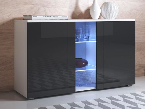 Móvel de armazenamento moderno com portas em vidro preto e secção central luminada a azul