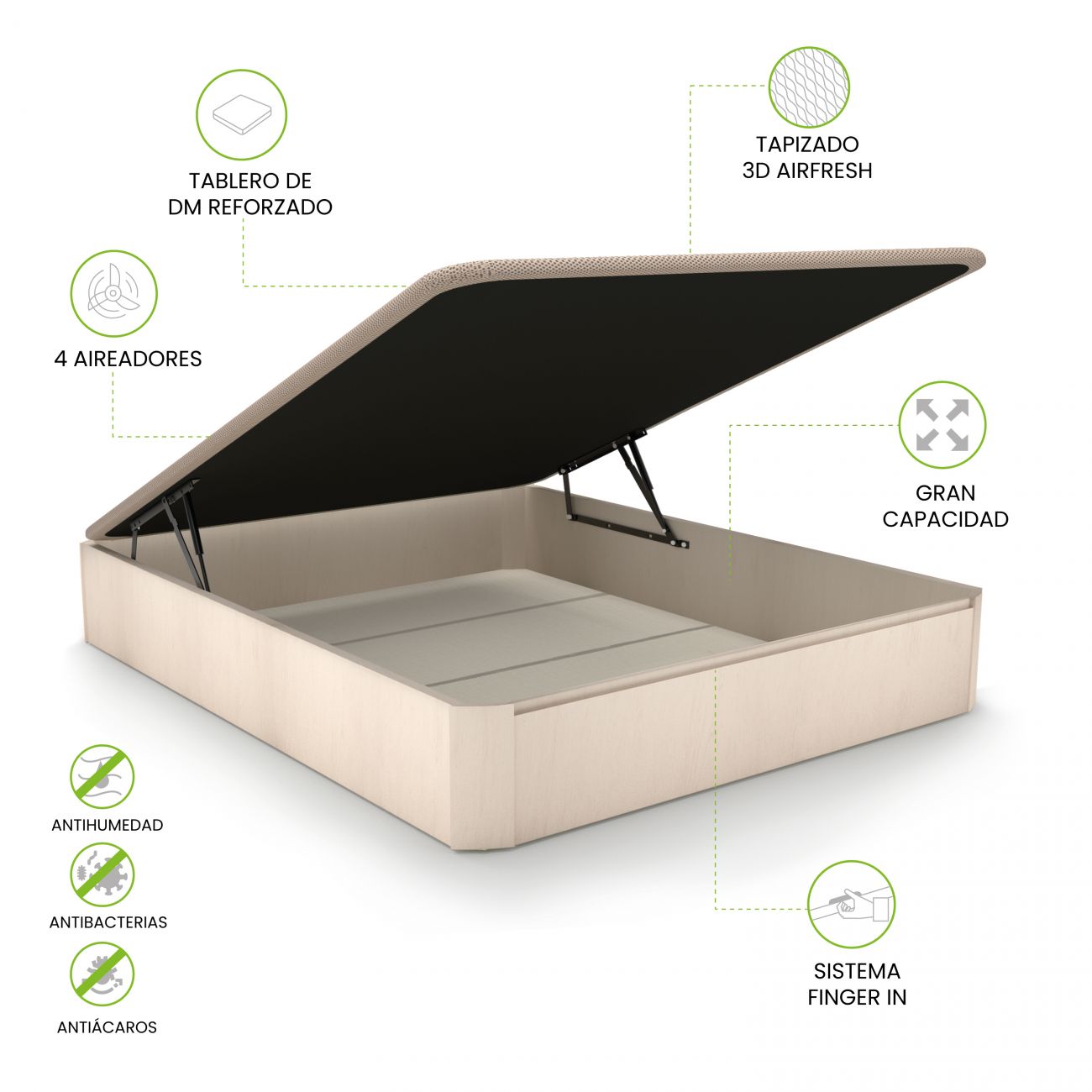 cama estofada bege com tampa aberta e espaço de arrumação interior