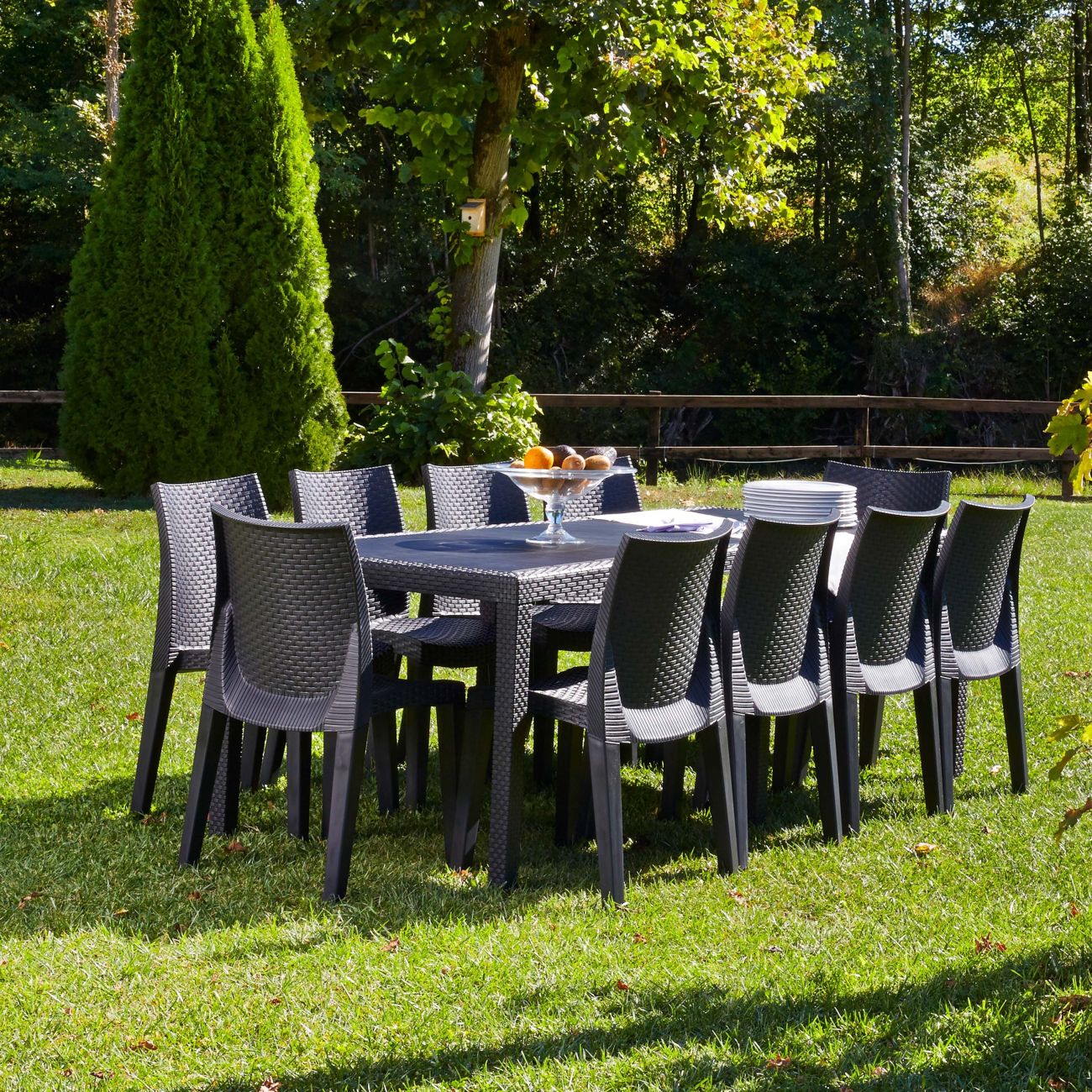 Conjunto de mesa e cadeiras de jardim cinza escuro em espaço exterior com relva e árvores